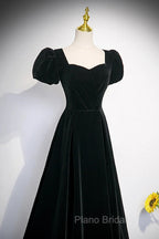 Black Velvet Short Sleeves Floor Length Long Formal Prom Dresses, Black Velvet Long Formal Evening Dresses