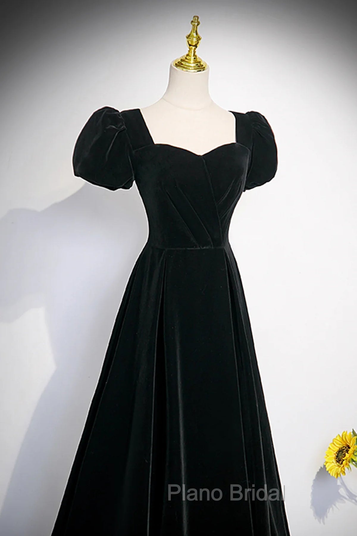 Black Velvet Short Sleeves Floor Length Long Formal Prom Dresses, Black Velvet Long Formal Evening Dresses