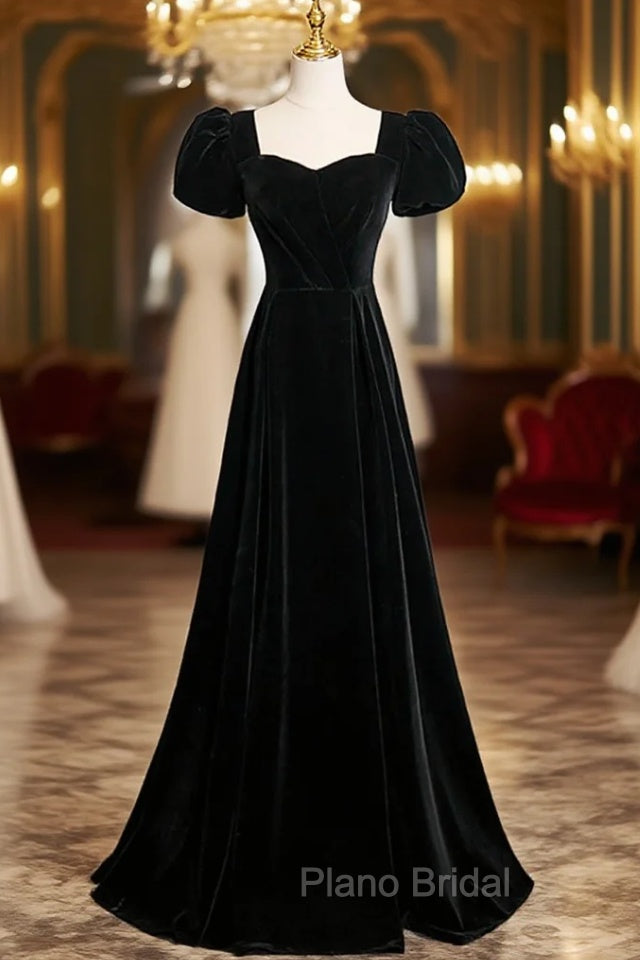 Black Velvet Short Sleeves Floor Length Long Formal Prom Dresses, Black Velvet Long Formal Evening Dresses