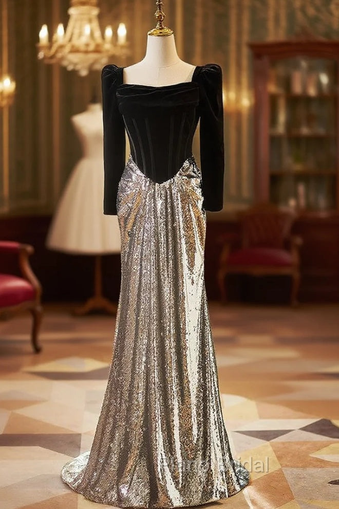 Black Velvet Silver Sequins Long Sleeve Formal Prom Dresses