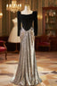 Black Velvet Silver Sequins Long Sleeve Formal Prom Dresses