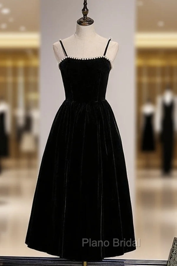 Black Velvet Spagehtti Straps Pearls Formal Prom Dresses Main image