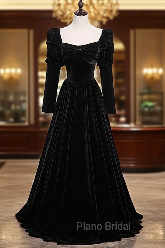 Black Velvet Square Bow Long Sleeve Formal Prom Dresses Main image