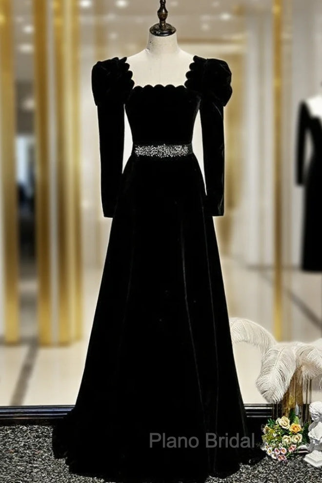 Black Velvet Square Long Sleeve Formal Prom Dresses With Belt Main image