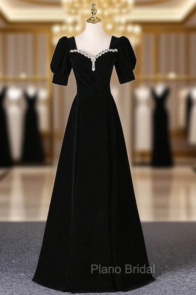 Black Velvet Square Neck Short Sleeve Beading Formal Prom Dresses Main image