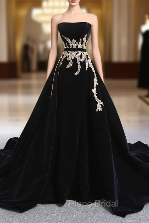 Black Velvet Strapless Crystal With Long Train Wedding Dresses Main image