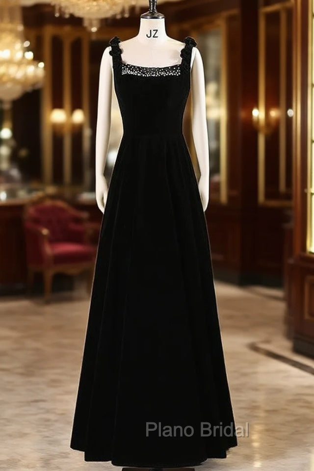 Black Velvet Straps Beading Formal Prom Dresses