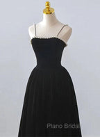 Black Velvet Straps Tea Length Party Dresses, Black Velvet Homecoming Dresses