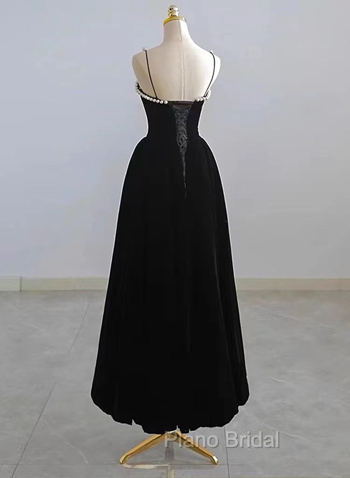 Black Velvet Straps Tea Length Party Dresses, Black Velvet Homecoming Dresses