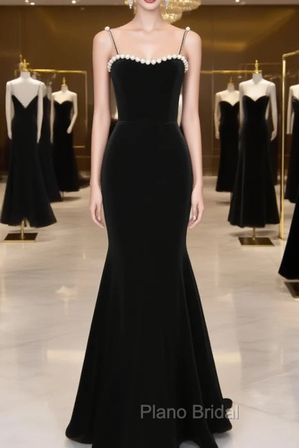 Black Velvet Straps Tea Length Party Dresses, Black Velvet Homecoming Dresses Main image