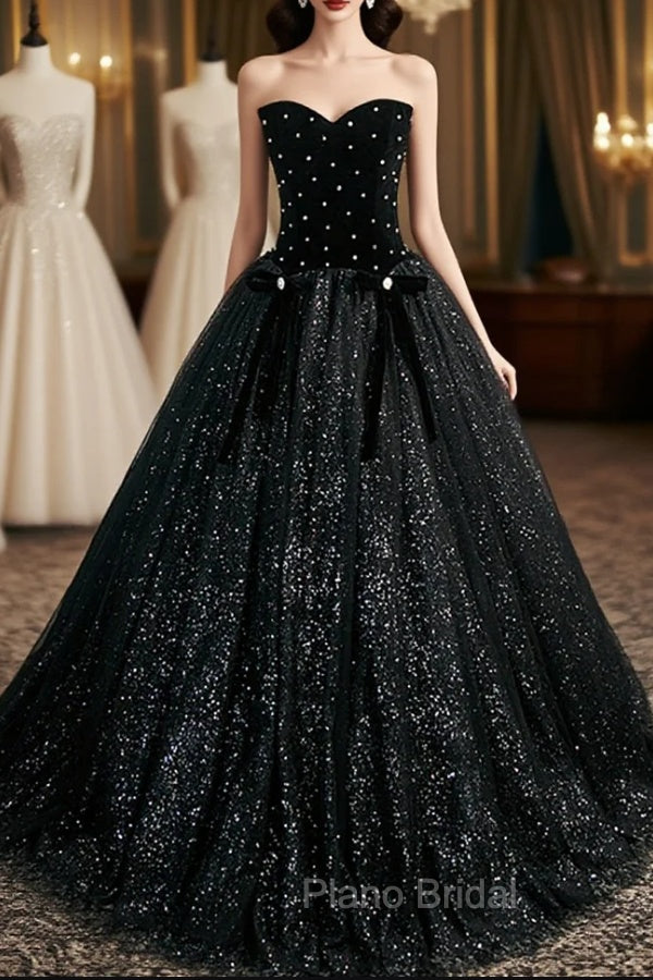 Black Velvet Tulle Long Ball Gown, Black A-Line Formal Evening Gown
