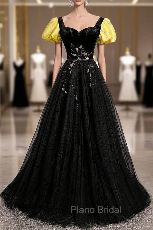 Black Velvet Tulle Square Short Sleeve Formal Prom Dresses Main image