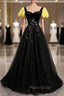 Black Velvet Tulle Square Short Sleeve Formal Prom Dresses