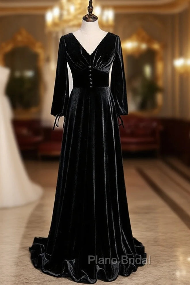 Black Velvet V-neck Long Sleeve Button Formal Prom Dresses Main image