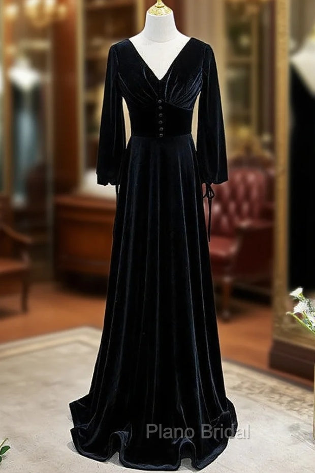 Black Velvet V-neck Long Sleeve Formal Prom Dresses Main image