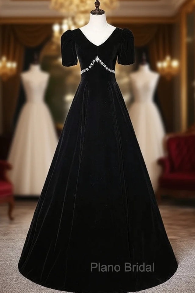 Black Velvet V-neck Short Sleeve Crystal Formal Prom Dresses Main image