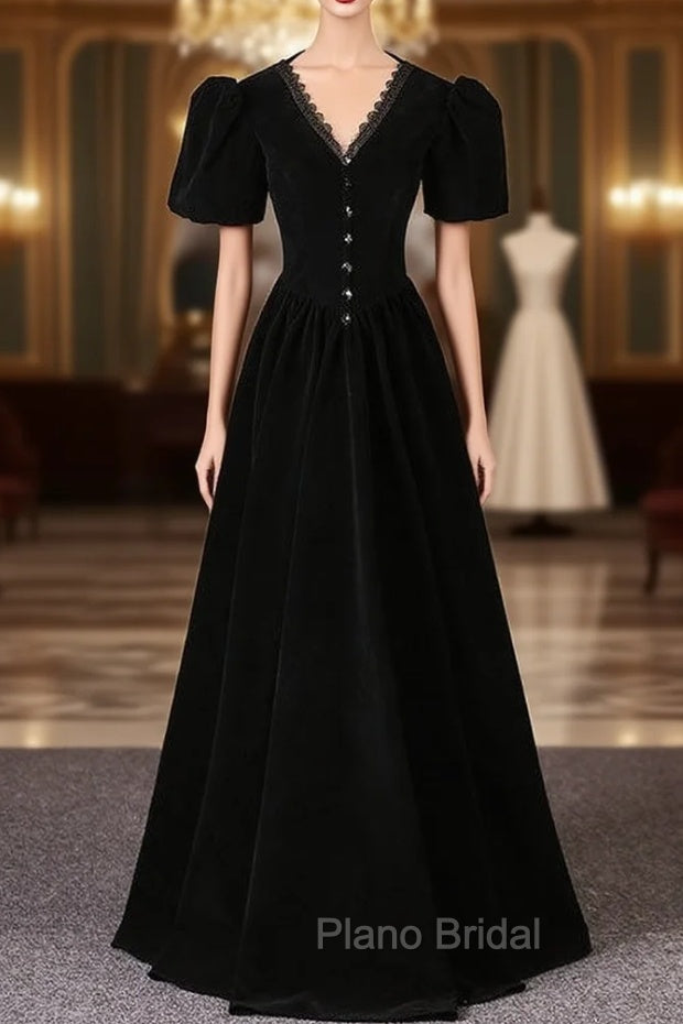 Black Velvet V-neck Short Sleeve Formal Prom Dresses Main image