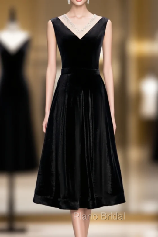 Black Velvet V-neck Short Sleeve Tea Length Formal Prom Dresses Main image