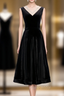 Black Velvet V-neck Short Sleeve Tea Length Formal Prom Dresses