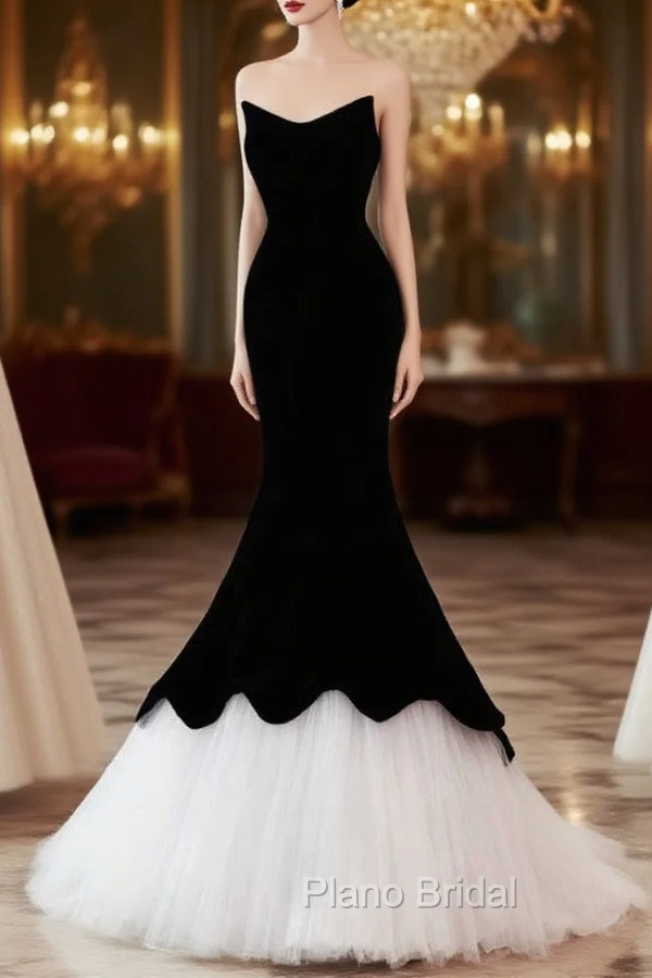 Black Velvet White Tulle Strapless Formal Prom Dresses Main image
