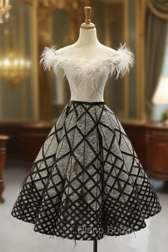 Black White Ball Gown Lace Sequins Tea Length Formal Prom Dresses Main image