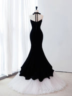 Black/White Velvet Mermaid Long Formal Prom Dresses, Black Formal Dresses