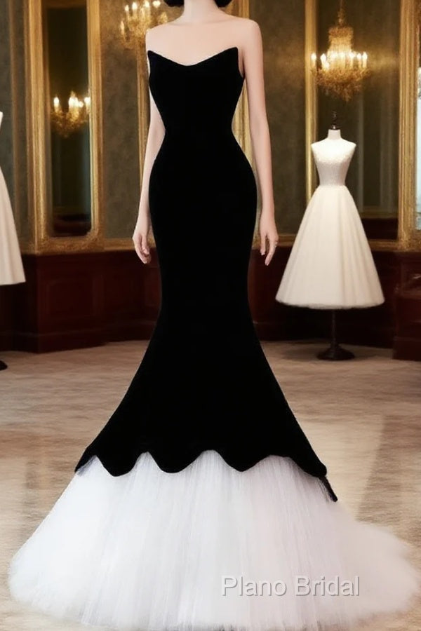 Black/White Velvet Mermaid Long Formal Prom Dresses, Black Formal Dresses Main image