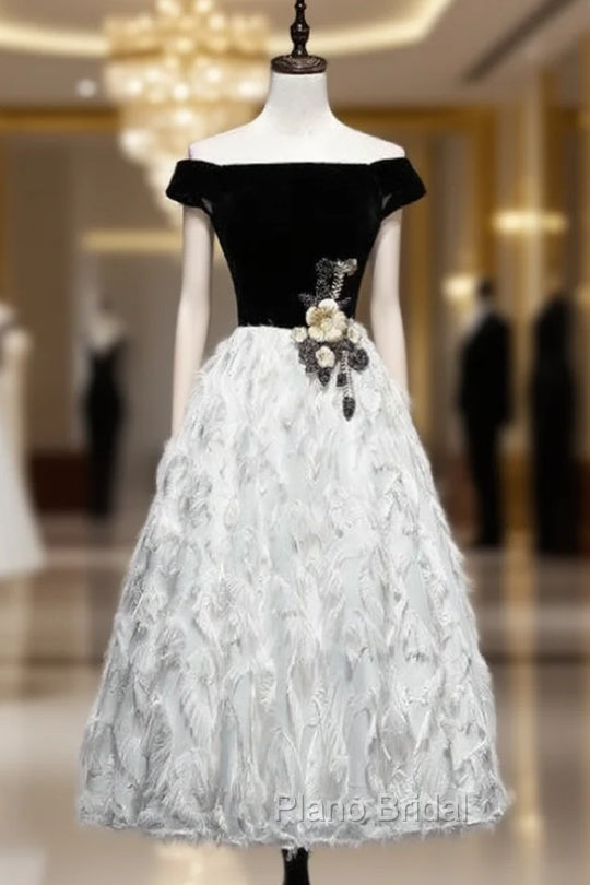 Black White Velvet Off the Shoulder Appliques Formal Prom Dresses Main image