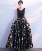 Black V Neck Floral Pattern Long Prom Dress, Evening Dress