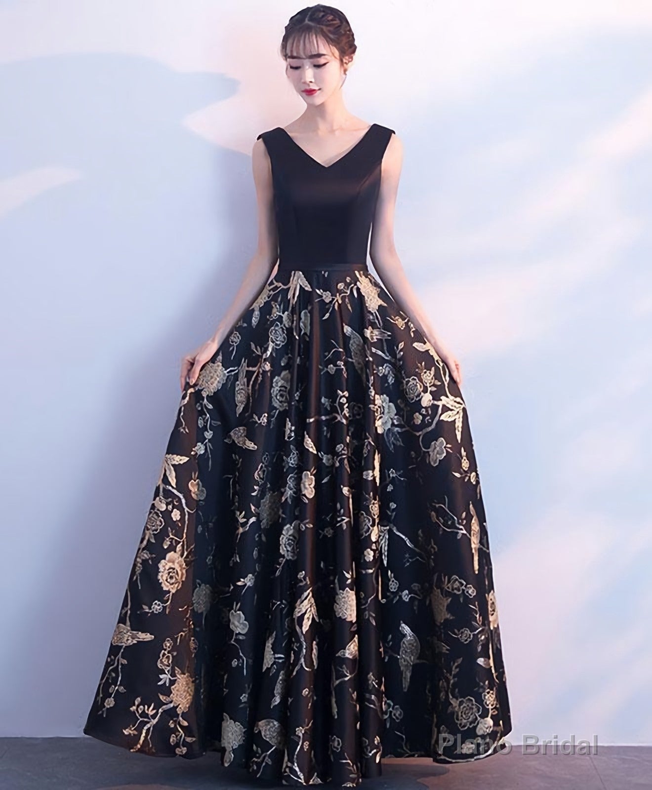 Black V Neck Floral Pattern Long Prom Dress, Evening Dress