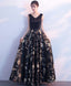 Black V Neck Floral Pattern Long Prom Dress, Evening Dress