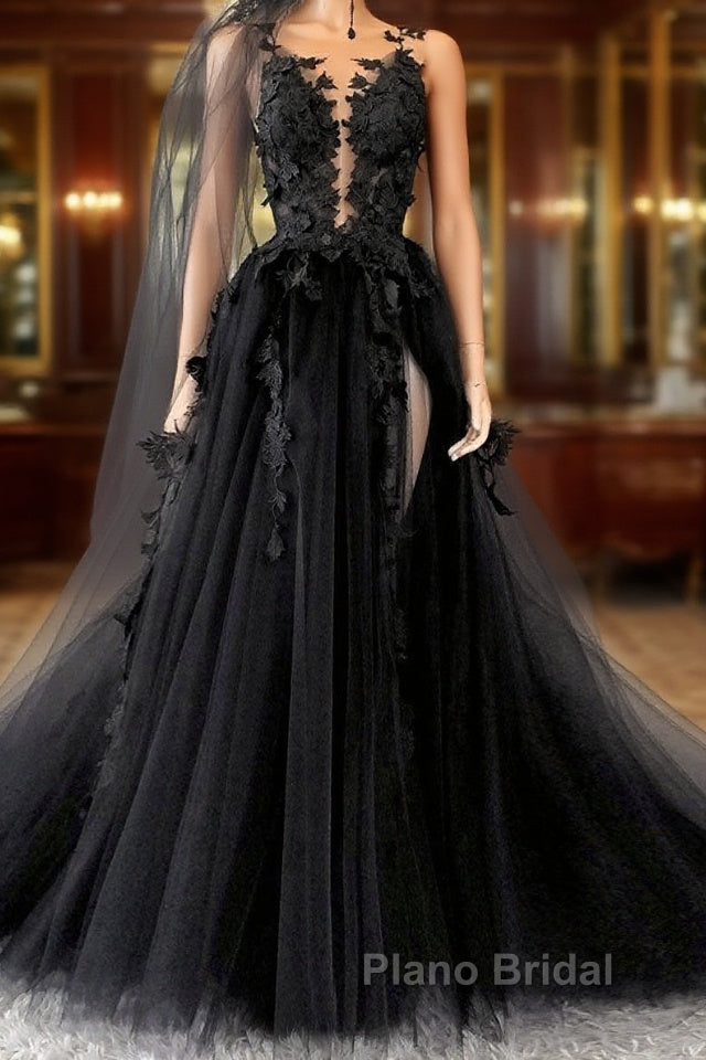 Black Lace Long Formal Prom Dresses, A-Line Backless Evening Dresses Main image