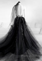 Black Lace Long Formal Prom Dresses, A-Line Backless Evening Dresses