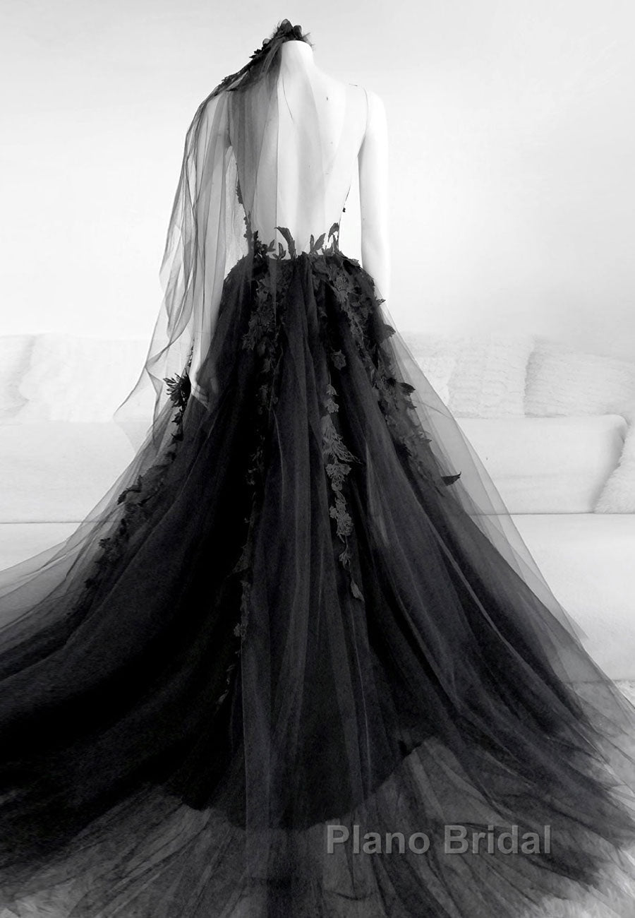 Black Lace Long Formal Prom Dresses, A-Line Backless Evening Dresses