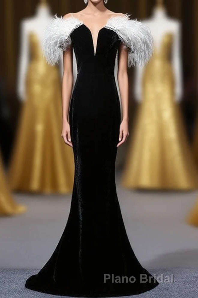 Black Velvet Mermaid Formal Prom Dresses with Feather, Off the Shoulder Long Evening Gown Main image