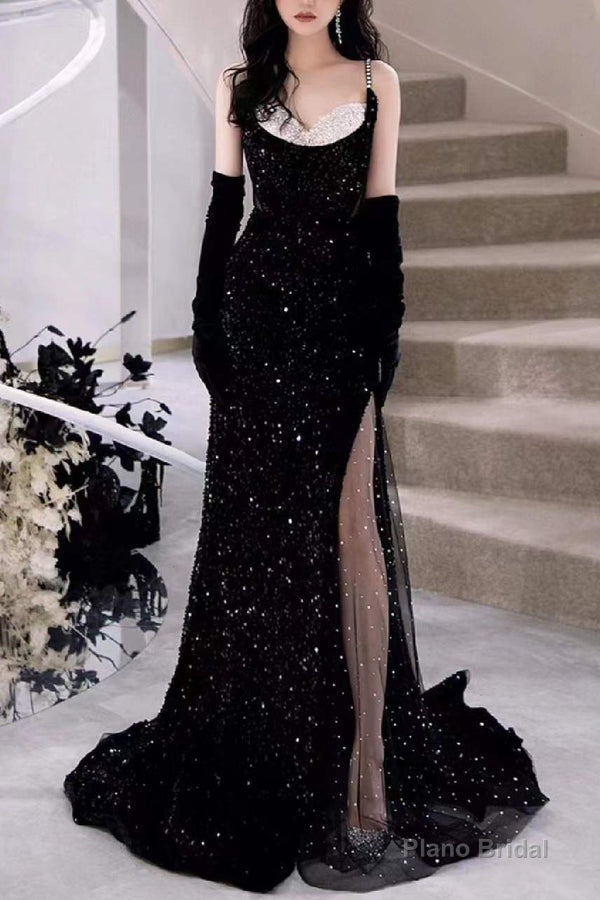 Black Mermaid Sequins Prom Dress Spaghetti Straps Sleeveless Beading Party Gown Main image