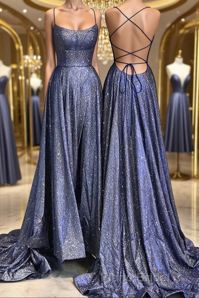 Bling Bling Backless Long Formal Prom Dresses, Open Back Blue Long Formal Evening Dresses Main image
