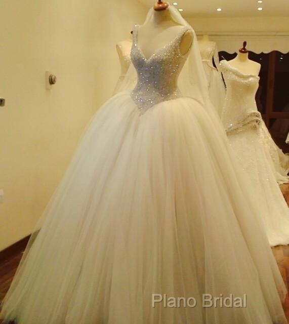 Bling Bling Beading V Neck Organza Ball Gowns Wedding Dresses
