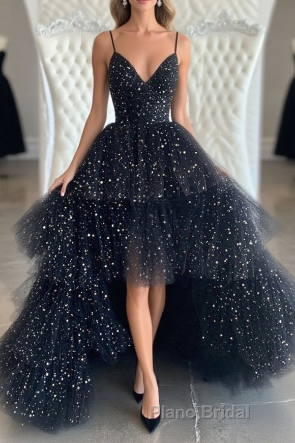 Bling Bling V Neck High Low Black Long Formal Prom Dresses, Fluffy Black Formal Evening Dresses, Ball Gown Main image