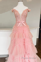 Off the Shoulder Red Appliques Tiered Long Prom Dresses