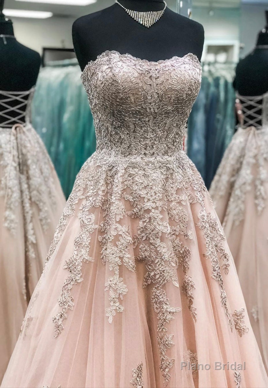 Pink Strapless Lace Long Prom Dresses, A-Line Evening Dresses Main image
