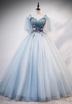 Lovely Spaghetti Strap Blue Long Prom Dresses, Lace Evening Dresses