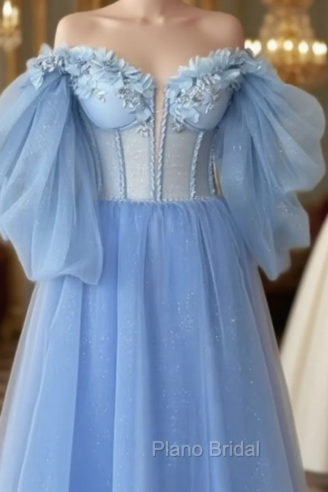 Blue A-Line Midi Tulle Corset Dresses With Puffy Sleeves Main image