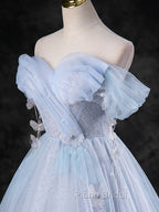 Blue A-Line Off Shoulder Tulle Long Formal Prom Dresses, Blue Formal Dresses