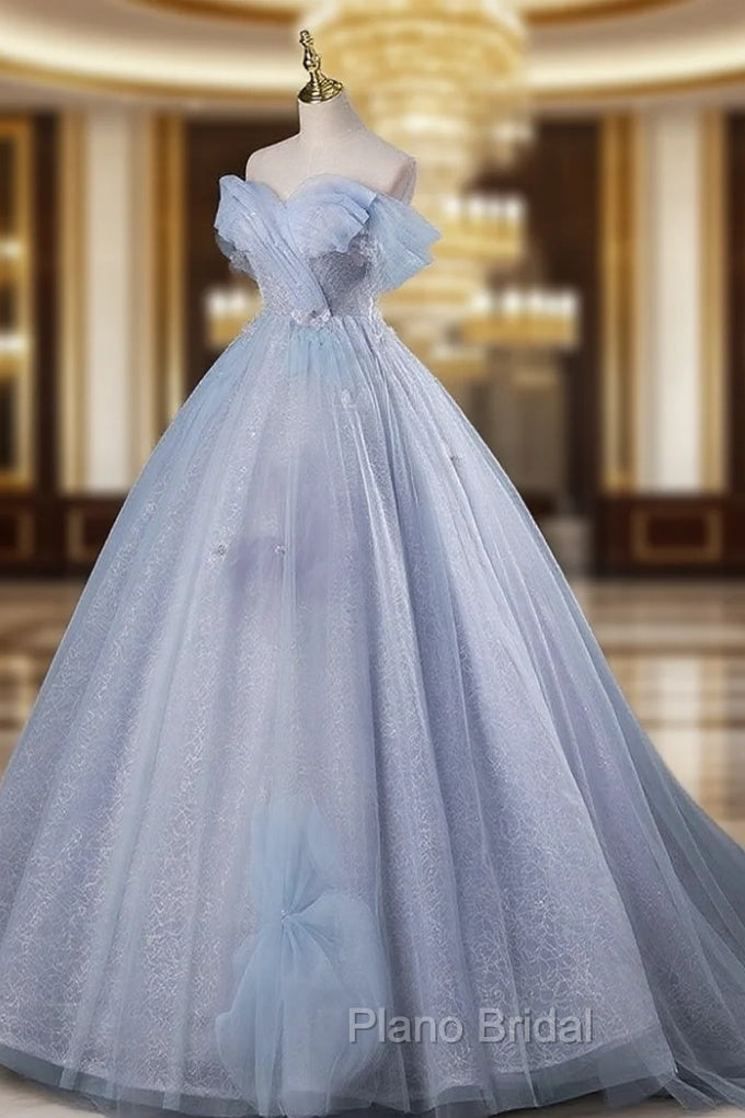 Blue A-Line Off Shoulder Tulle Long Formal Prom Dresses, Blue Formal Dresses Main image