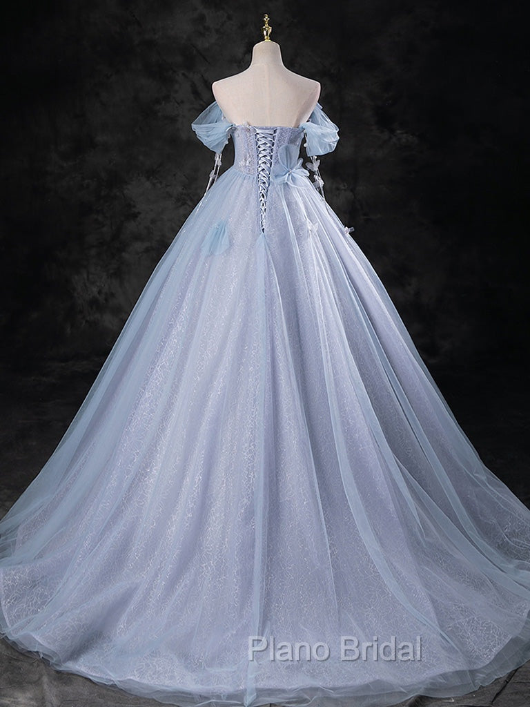 Blue A-Line Off Shoulder Tulle Long Formal Prom Dresses, Blue Formal Dresses