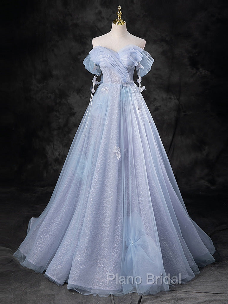 Blue A-Line Off Shoulder Tulle Long Formal Prom Dresses, Blue Formal Dresses