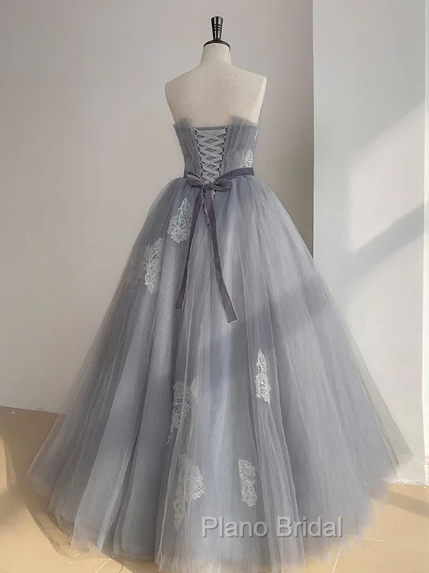 A Line Strapless Appliques Gray Tulle Long Formal Prom Dresses Evening Dresses
