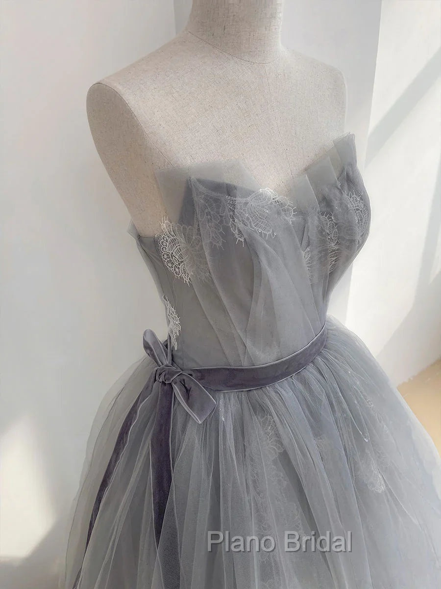 A Line Strapless Appliques Gray Tulle Long Formal Prom Dresses Evening Dresses