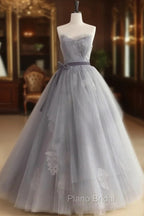 A Line Strapless Appliques Gray Tulle Long Formal Prom Dresses Evening Dresses